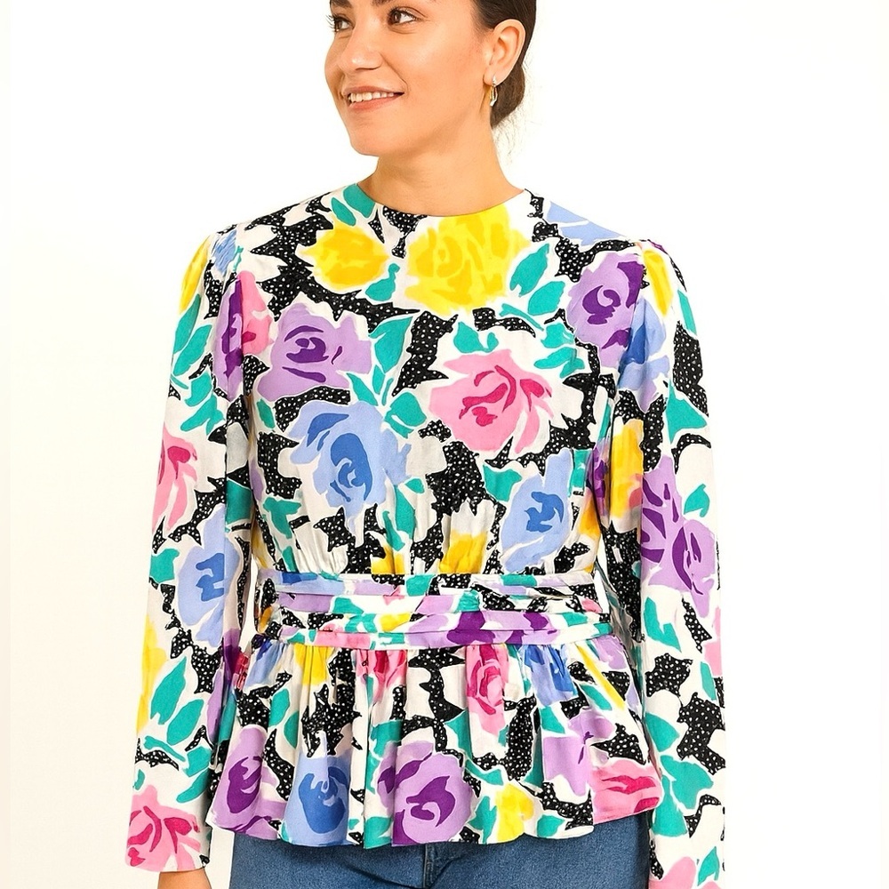 VTG 80's Andrea Gayle Floral Long sleeve Ruffled Bottom Button Up Back, Size 6